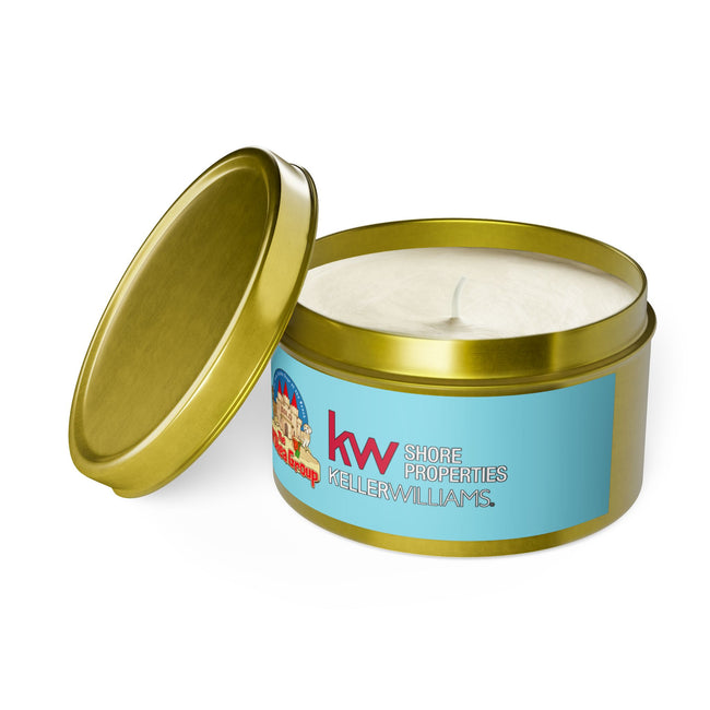 Keller Williams Branded Tin Candle — Beachy Sandcastle Scent (Custom Logo)