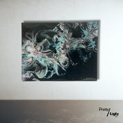 Pretty/Ugly: slipping through the moon | Abstract Artwork - Fluid Acrylic Pour Painting Art, 11x14 Canvas with Pink & Blue, Pastel Multi-Colored, Black Background, Resin Finish
