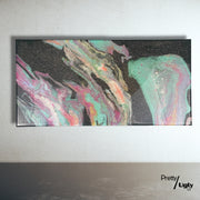 Pretty/Ugly: sweet but psycho | Abstract Artwork - Fluid Acrylic Pour Painting Art, 10x20 Canvas with Green, Multi-Colored, Rose Gold Sparkle Resin